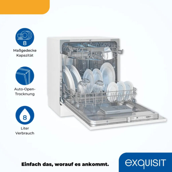 Exquisit GSP508-030D Tischgeschirrspüler, 55cm breit, 8 Maßgedecke, 7 Programme, weiß