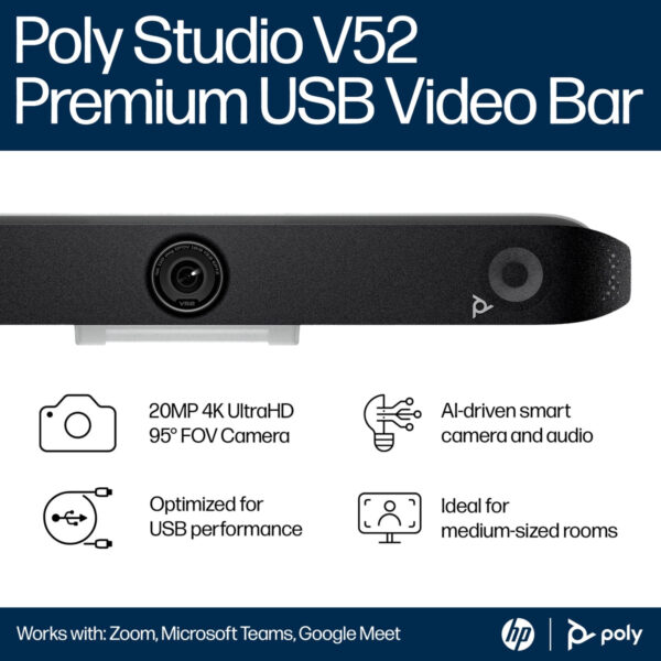 Poly Studio V52 USB-Videobar: 4K-Klarheit und KI-gestützte Zusammenarbeit für mittelgroße Räume