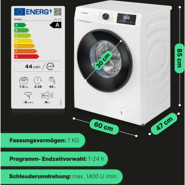 Bomann WA 7175 7kg Frontlader Waschmaschine, 60 cm breit, 1400 U/Min, Restlaufzeitanzeige