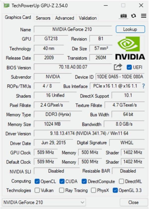 QTHREE GeForce 210 1024 MB DDR3 64 Bit HDMI DVI VGA DirectX 10 OpenGL 3.3 PCI Express x16 Low Profile Grafikkarte