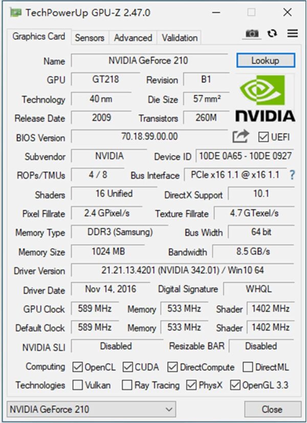 QTHREE GeForce 210 1024 MB DDR3 64 Bit HDMI DVI VGA DirectX 10 OpenGL 3.3 PCI Express x16 Low Profile Grafikkarte